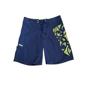 Crazy Shirts Hawaii Vintage Men's Board Shorts Swim Trunks Tribal Blue Yellow 34